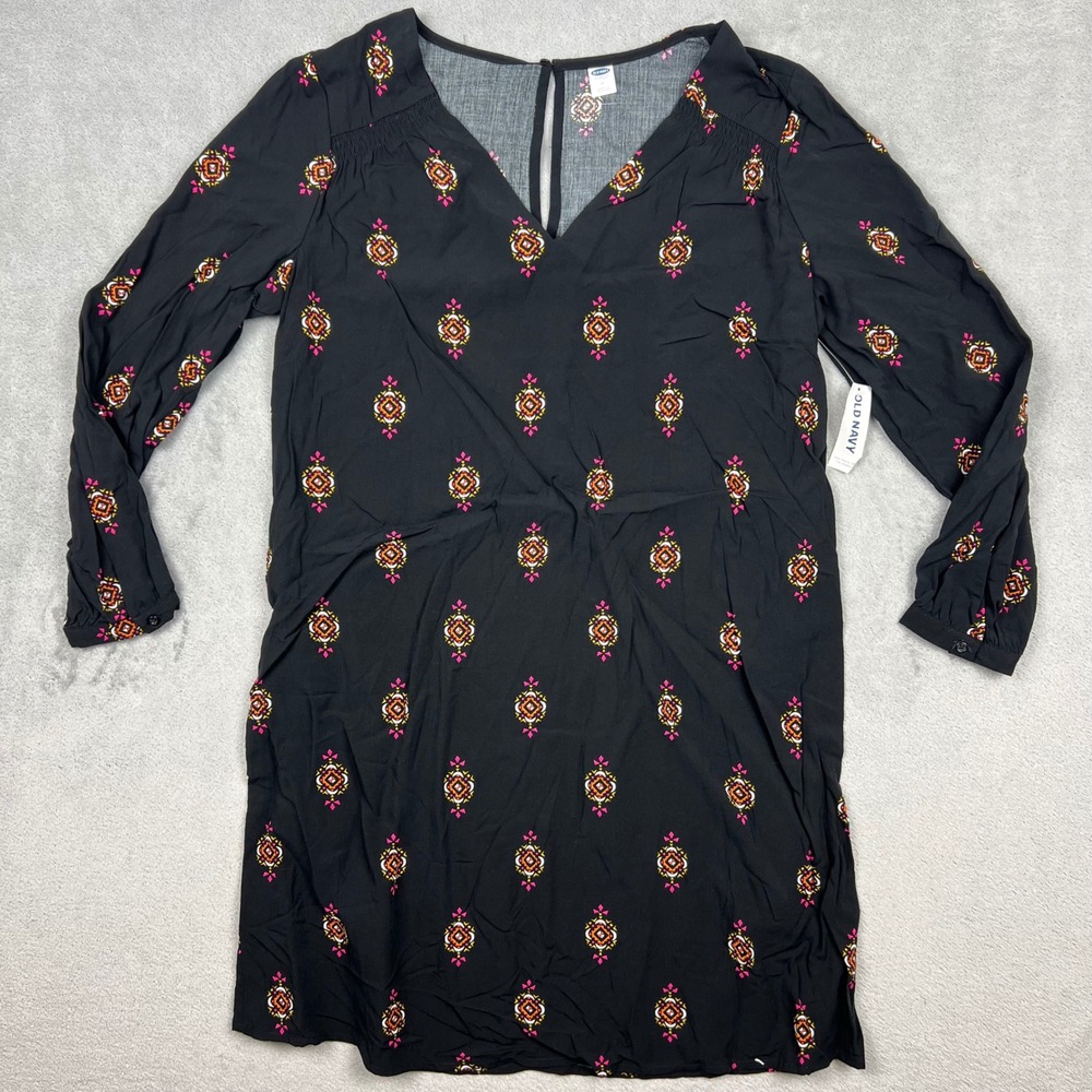 Old Navy Womens Black Pink Medallion Print V-Neck Long Sleeve Shift Dress Size M
